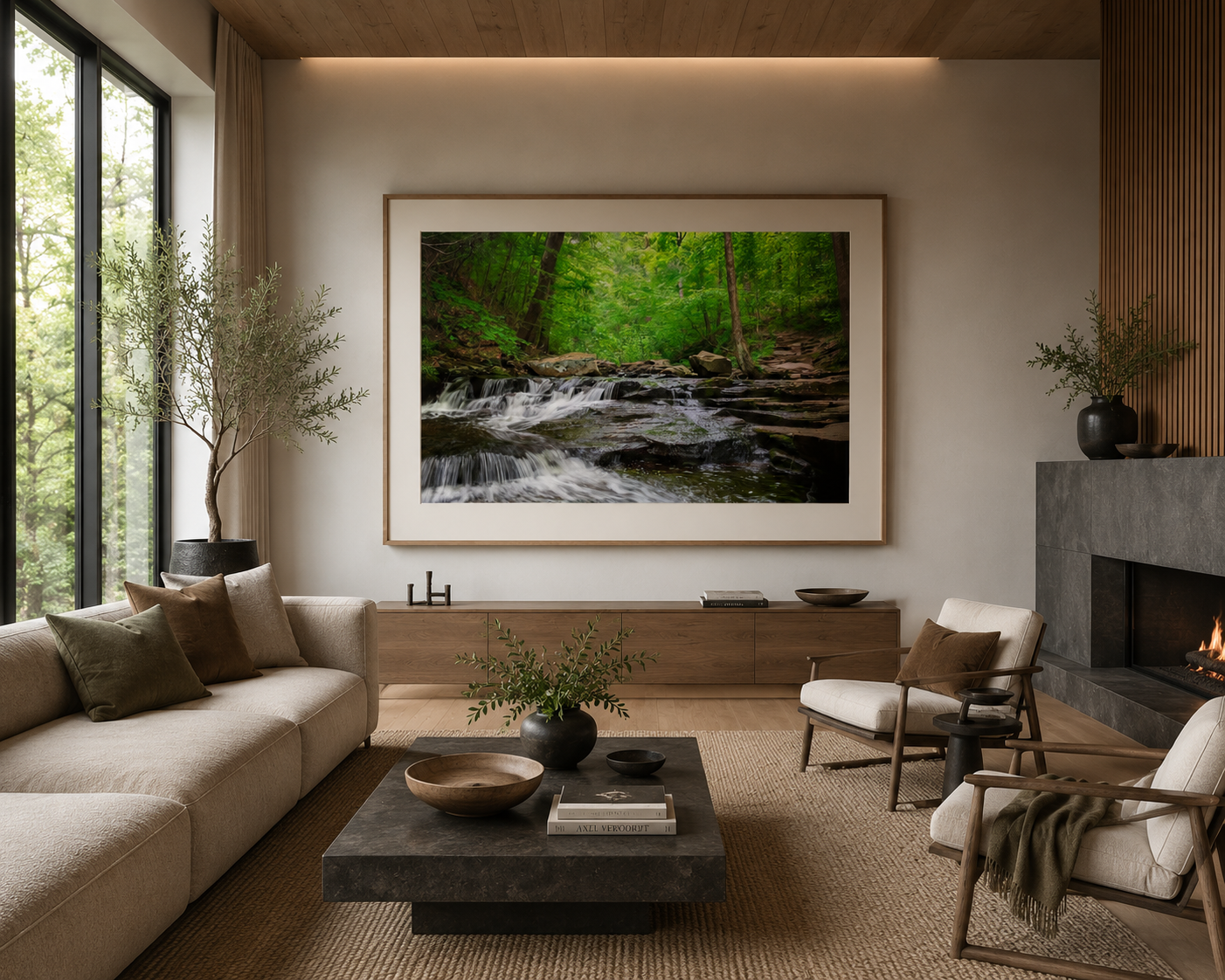 Cascading waterfall artwork in a warm residential living room